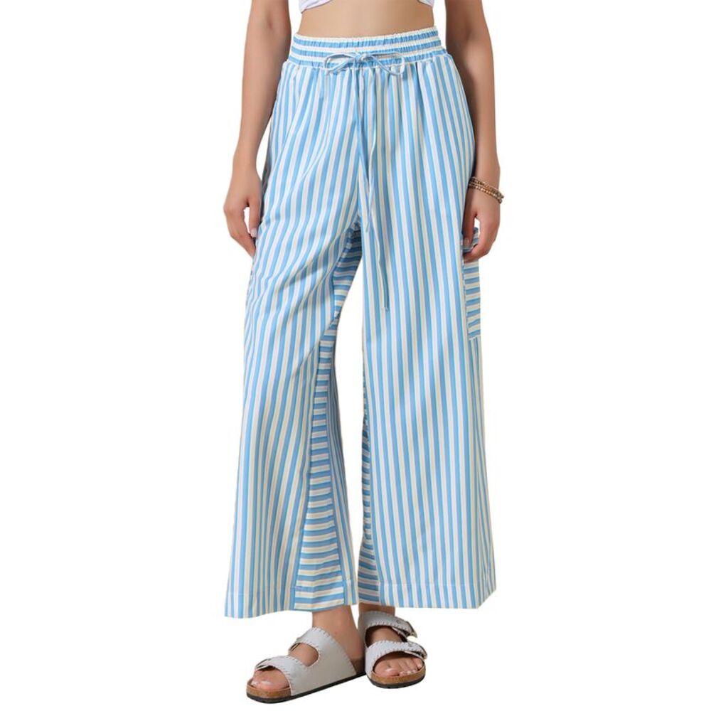 Women Casual Striped Wide Leg Elastic Waist Drawstring Pants Light Blue